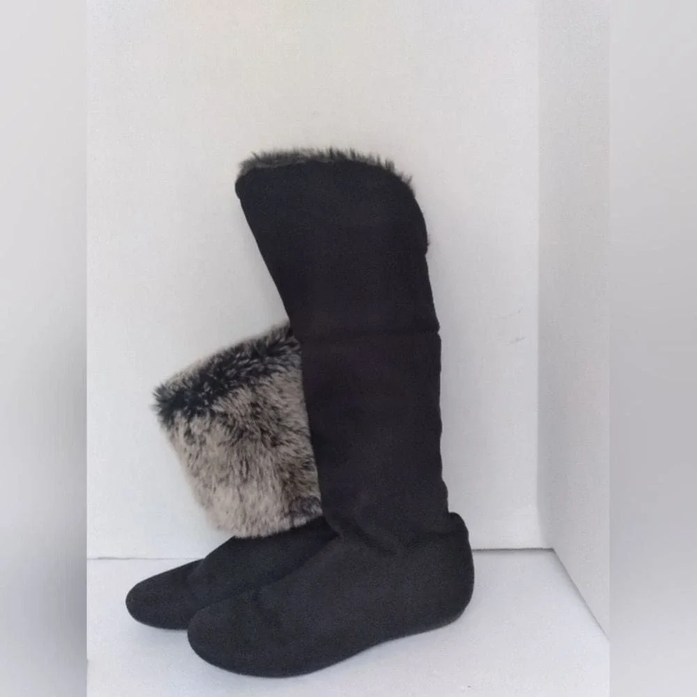 Black Faux Suede Fold Over Mid Calf Boots with Brown Faux Fur Trim Flat Sole